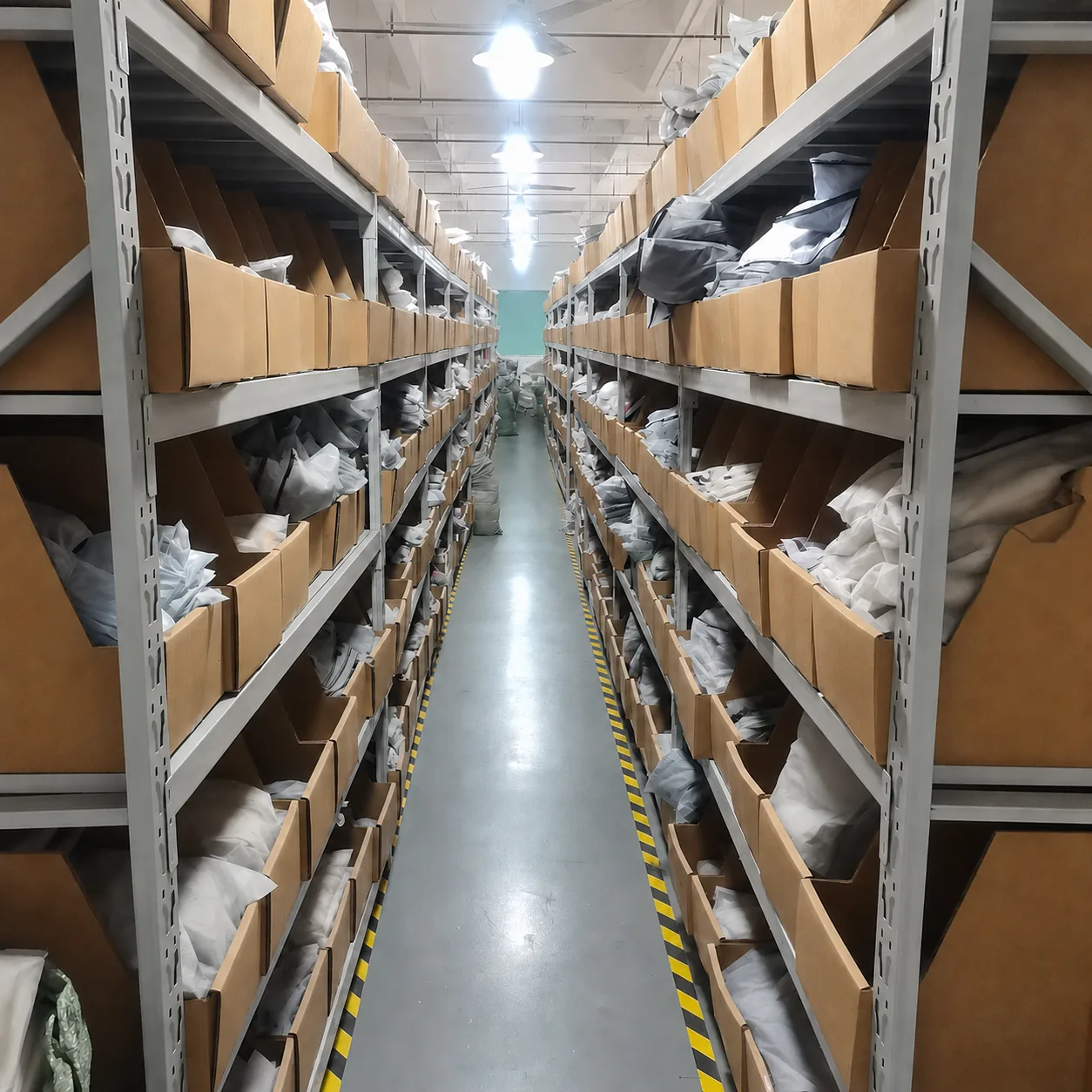 Large garment warehouse with multi-level racks filled with packaged finished clothing