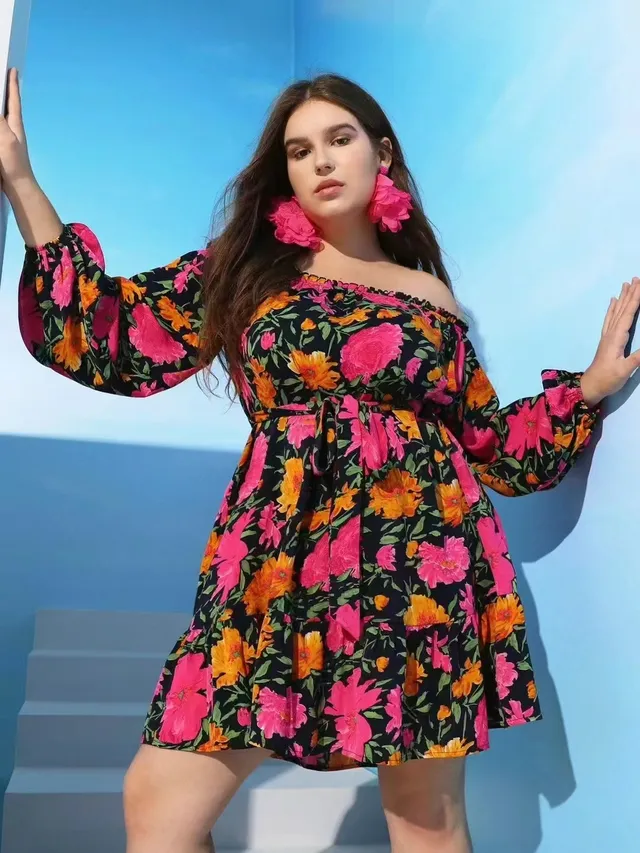 Plus size women's black floral chiffon mini dress for curve-focused fast fashion production