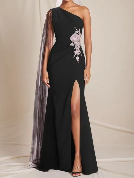 Custom fast fashion womenswear sample Black One Shoulder Floral Slit Gown for wholesale clothing production
