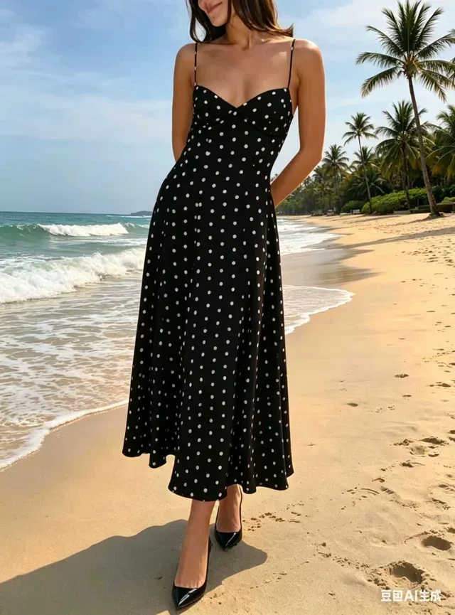 Custom black polka dot beach midi dress manufacturing for resort fashion collections