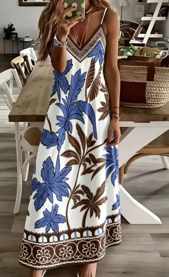 Custom fast fashion womenswear sample Blue Floral Border Maxi Dress for wholesale clothing production