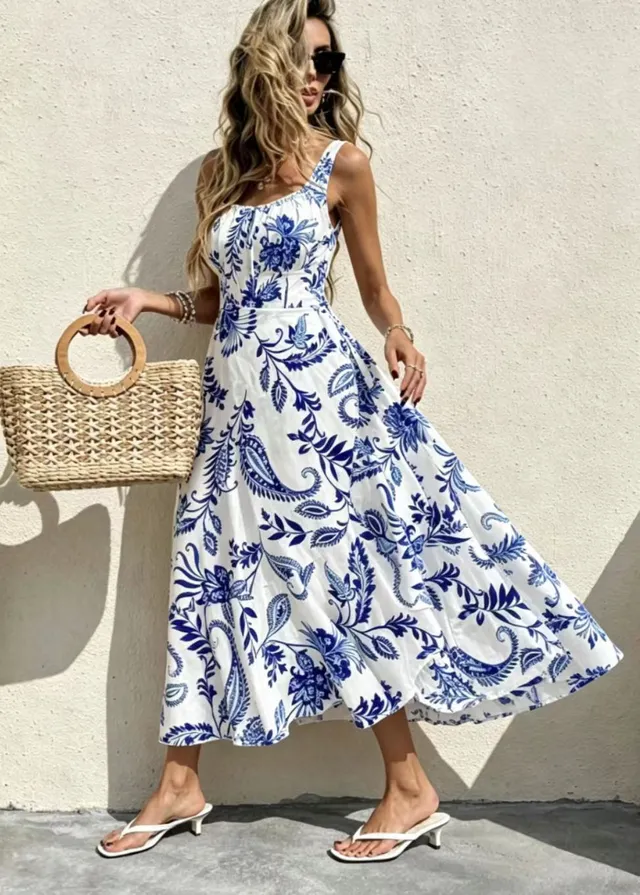 Custom fast fashion womenswear sample Blue Floral Maxi Dress Back for wholesale clothing production