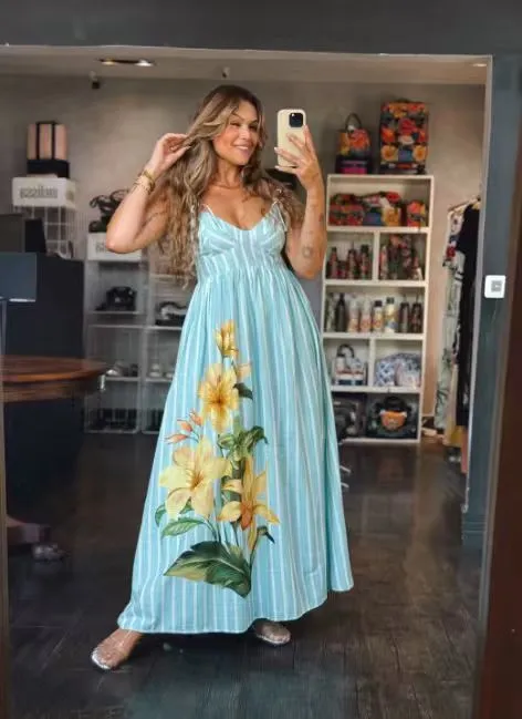 Custom fast fashion womenswear sample Blue Striped Sunflower Maxi Dress for wholesale clothing production