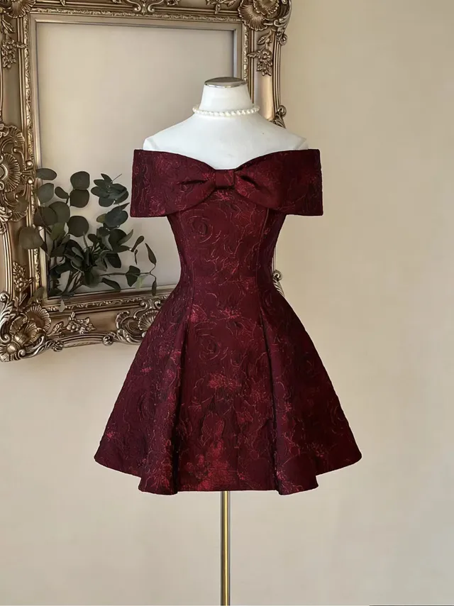 Custom fast fashion womenswear sample Burgundy Off Shoulder Cocktail Dress for wholesale clothing production