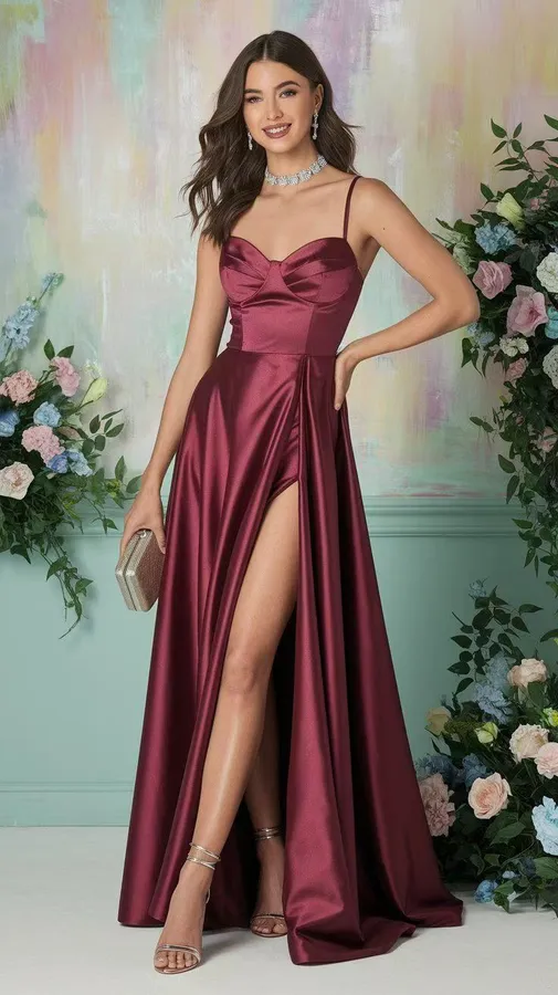 Custom fast fashion womenswear sample Burgundy Satin Slit Evening Gown for wholesale clothing production