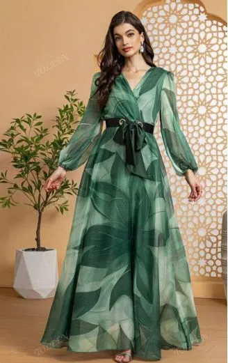 Custom fast fashion womenswear sample Green Leaf Print Wrap Dress for wholesale clothing production