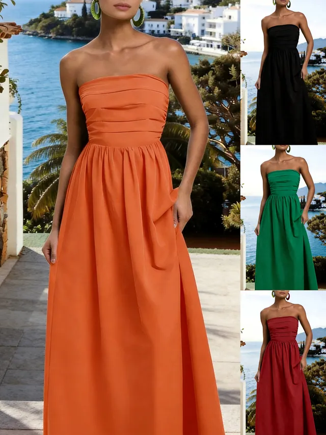 Custom fast fashion womenswear sample Orange Strapless Smocked Maxi Dress for wholesale clothing production