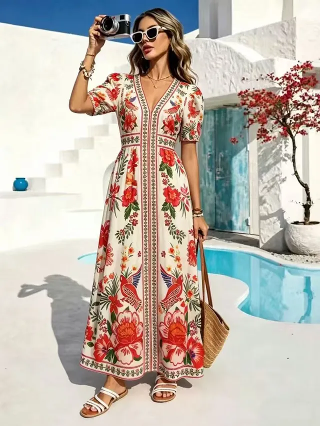Custom red floral resort maxi dress manufacturing for women's fashion brands