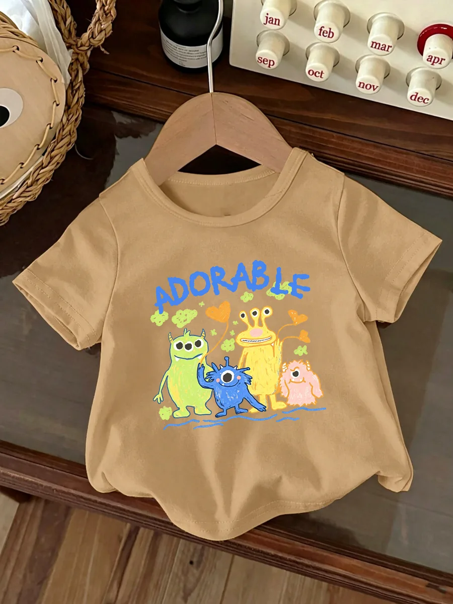 Custom kidswear sample Beige Adorable Monster Tee for wholesale children's clothing production