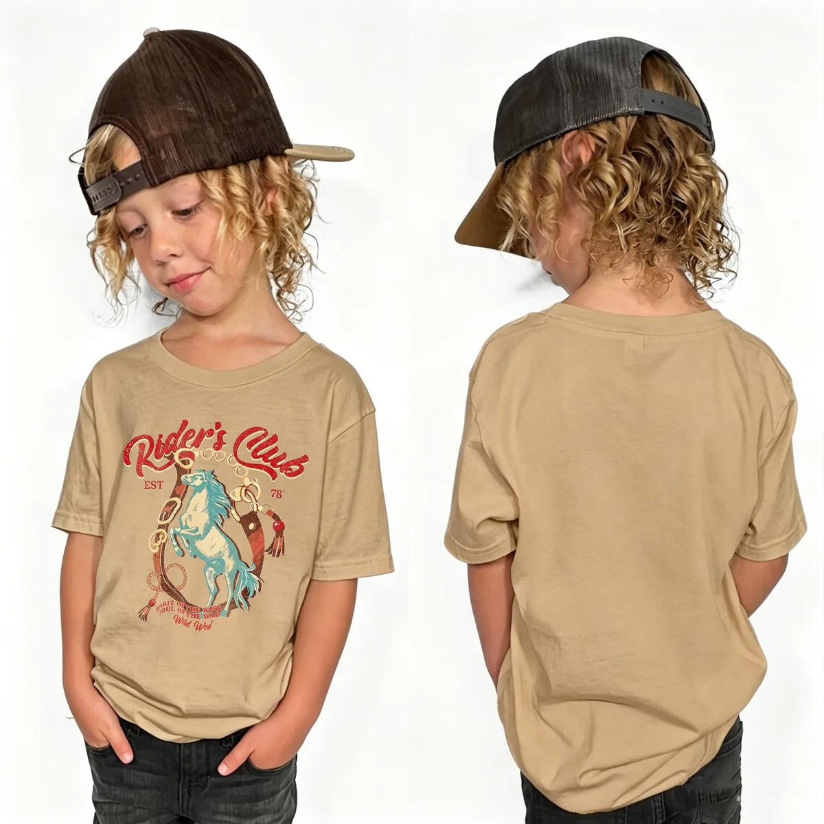 Custom kidswear sample Beige Dino Front Back Tee for wholesale children's clothing production