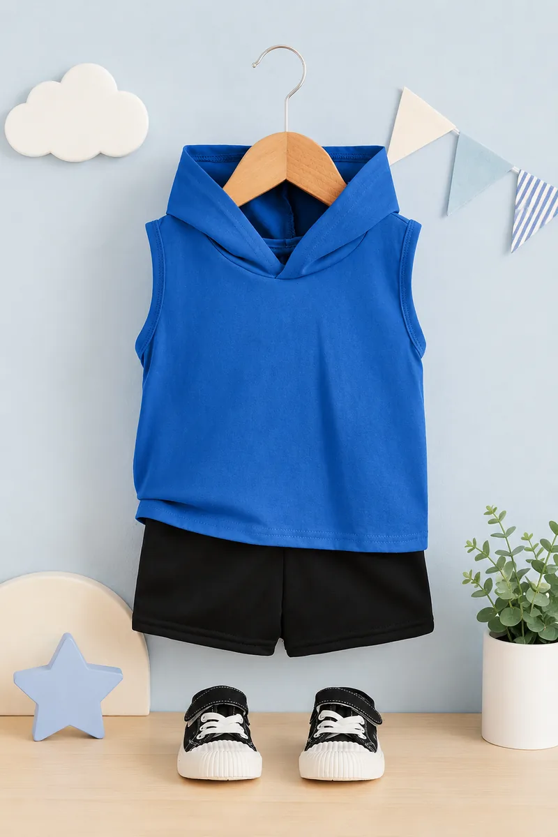 Custom kidswear sample Blue Polo Shirt Black Shorts Set for wholesale children's clothing production