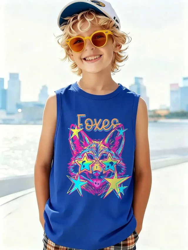 Custom kids blue sleeveless monster tank top manufacturing for children's apparel brands