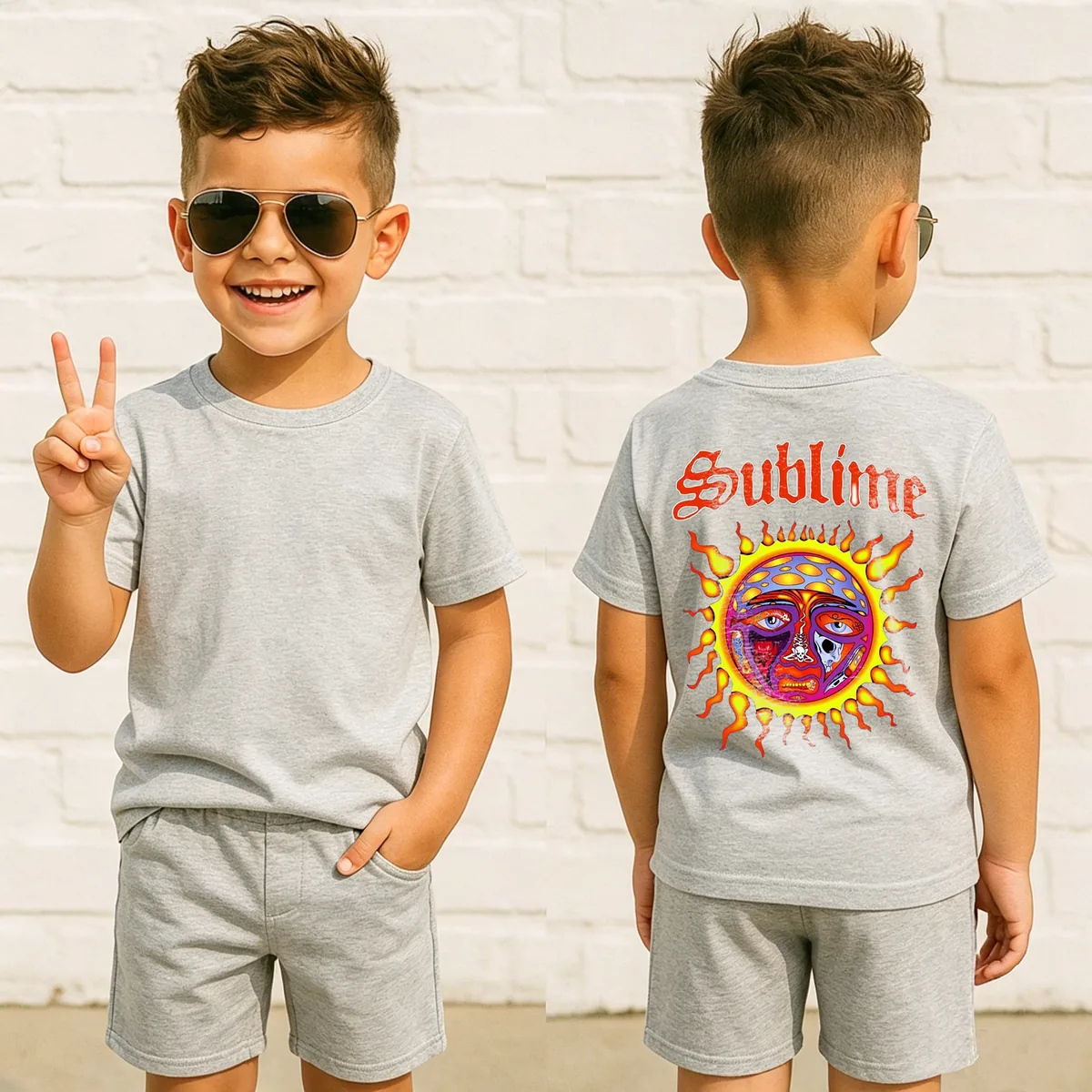 Custom kidswear sample Gray Sunshine Shorts Set Front Back for wholesale children's clothing production