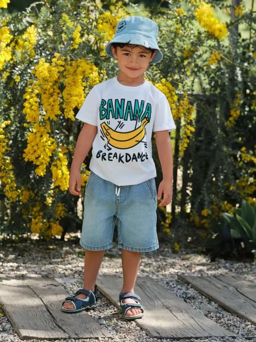 Custom kidswear sample Green Graphic Tee Denim Shorts Outfit for wholesale children's clothing production