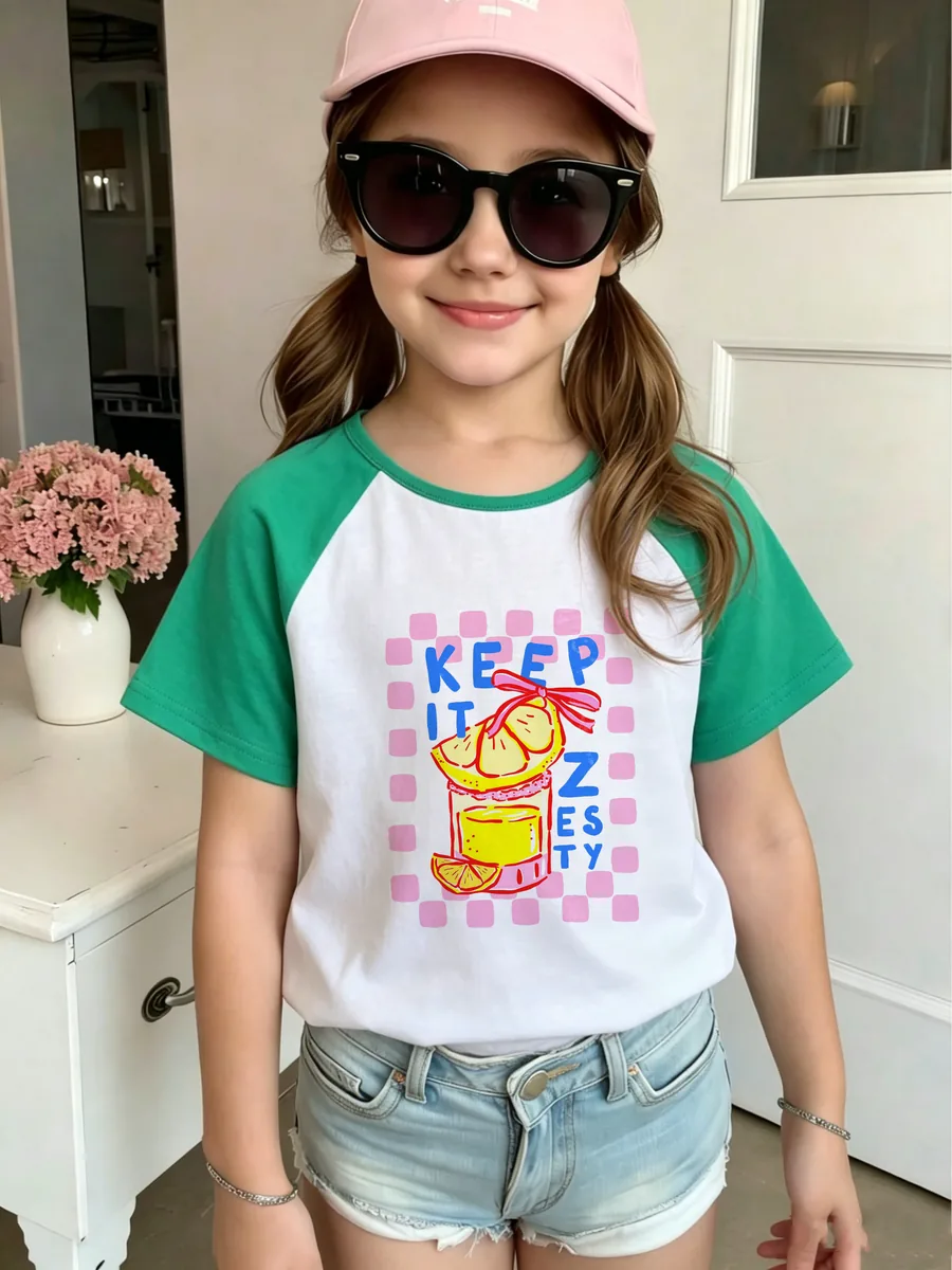 Custom kids green sleeve cartoon raglan T-shirt manufacturing for private label kidswear