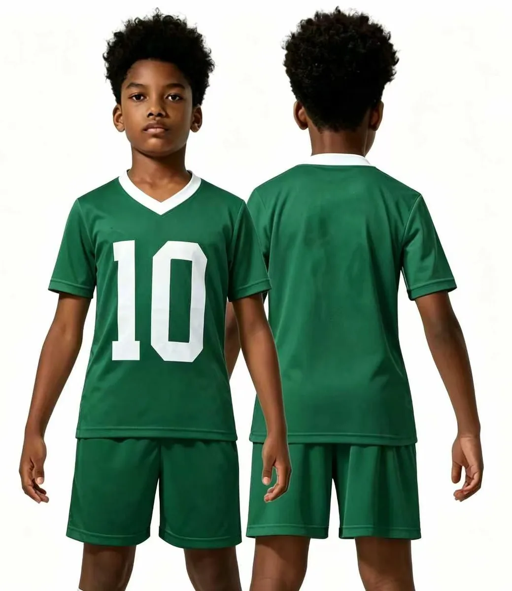 Custom kidswear sample Green Soccer Jersey Set Front Back for wholesale children's clothing production