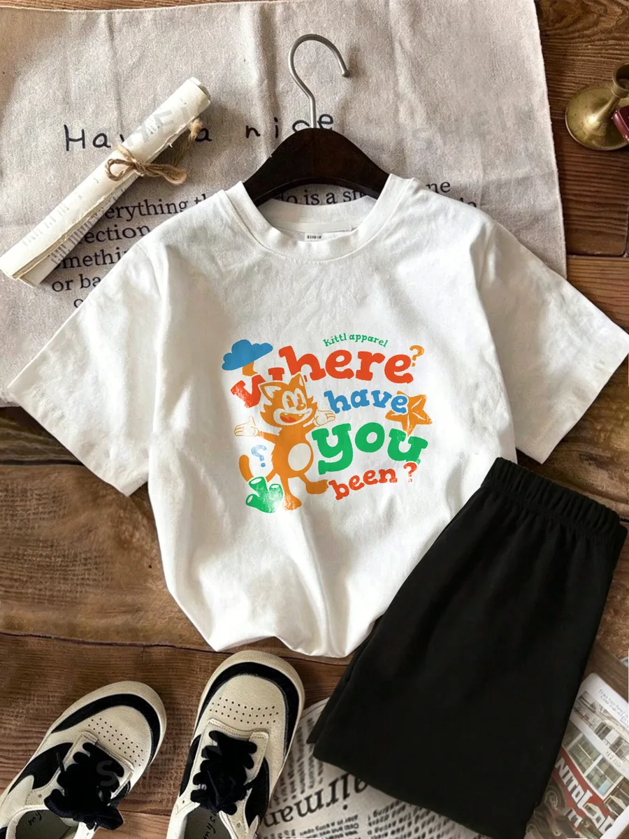 Custom kidswear sample Here Have Fun Tee Black Shorts Set for wholesale children's clothing production