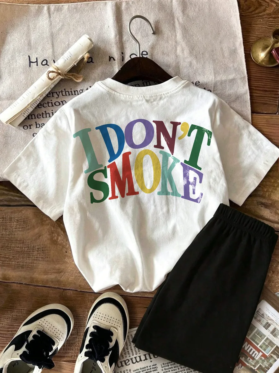 Custom kidswear sample London Smoke Tee Black Shorts Set for wholesale children's clothing production
