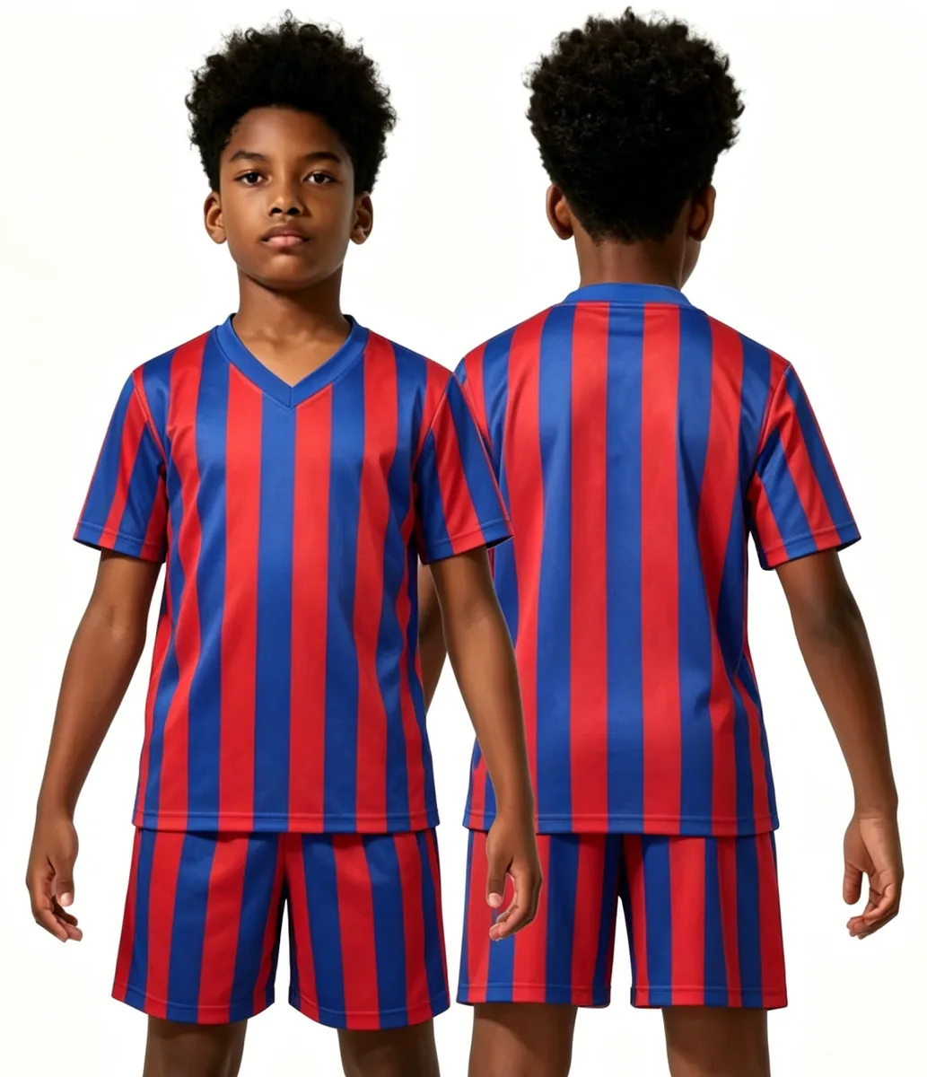 Custom kidswear sample Striped Soccer Jersey Set Front Back for wholesale children's clothing production