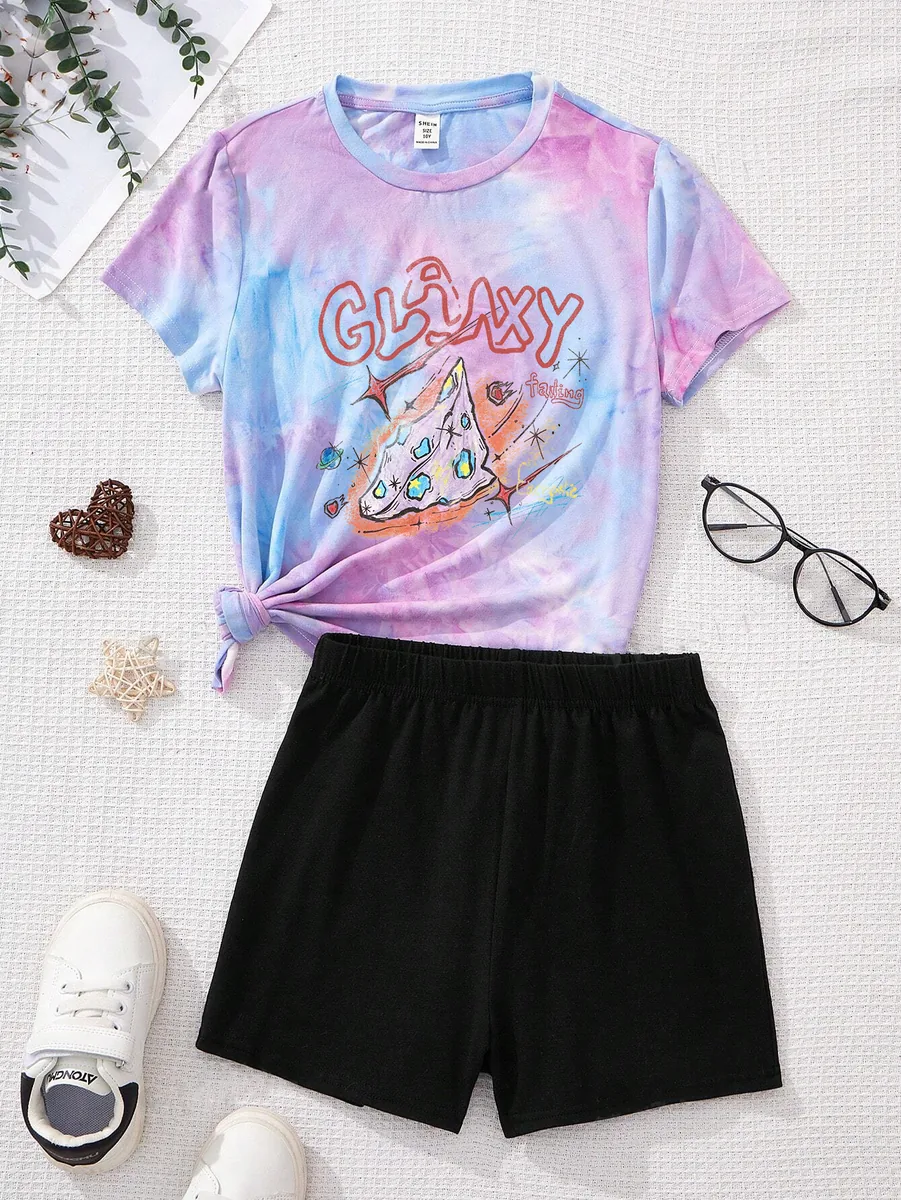 Custom kidswear sample Tie Dye Galaxy Tee Black Shorts Set for wholesale children's clothing production