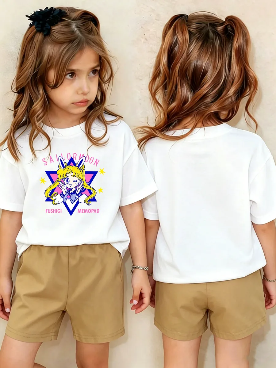 Custom kidswear sample White Cartoon Tee Khaki Pants Front Back for wholesale children's clothing production