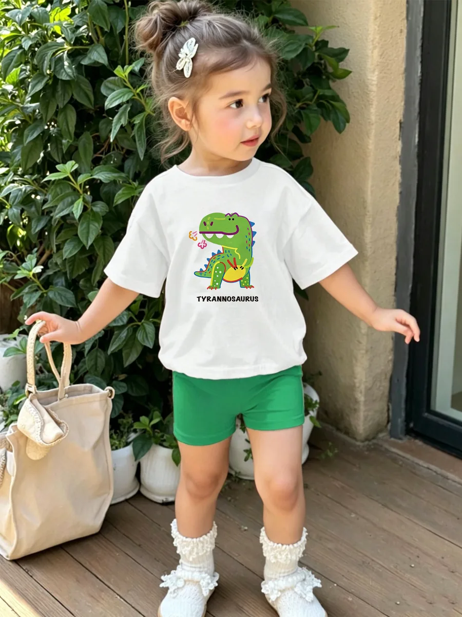 Custom kidswear sample White Dinosaur Tee Green Shorts Set for wholesale children's clothing production