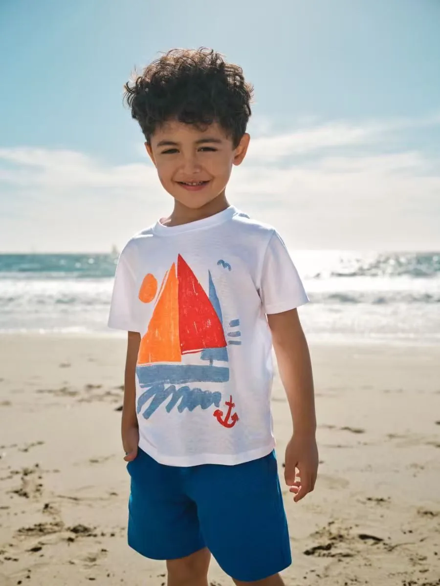 Custom kidswear sample White Sailboat Tee Beach Outfit for wholesale children's clothing production