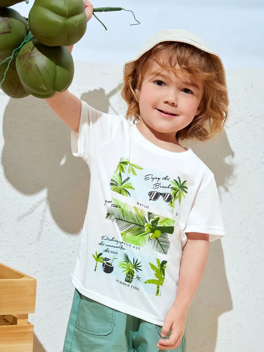Custom kidswear sample White Tropical Graphic Tee for wholesale children's clothing production