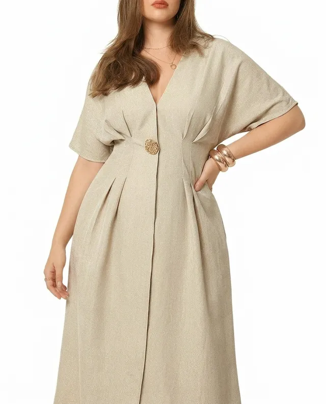 Plus size women's beige pleated V-neck midi dress with structured waist shaping