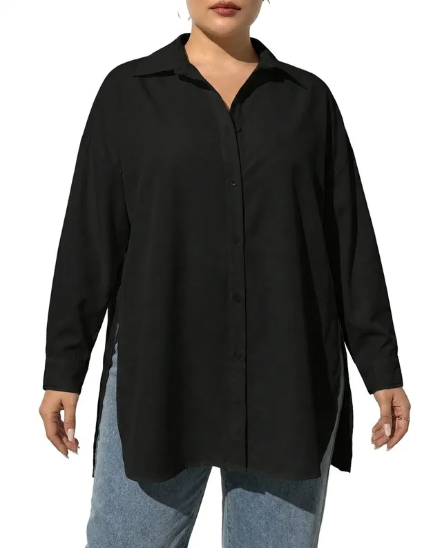 Plus size women's black oversized button shirt for relaxed fit blouse production
