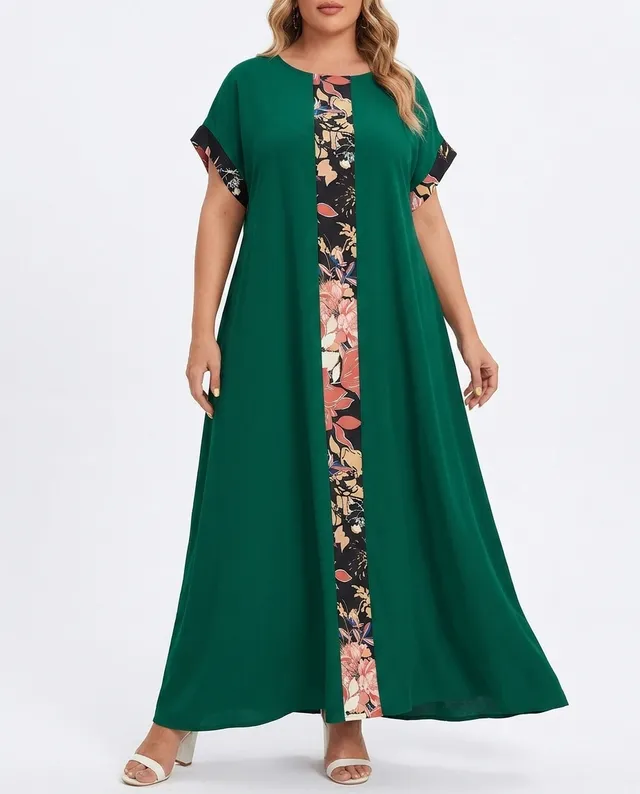 Plus size women's green maxi dress with floral center panel for modest womenswear production