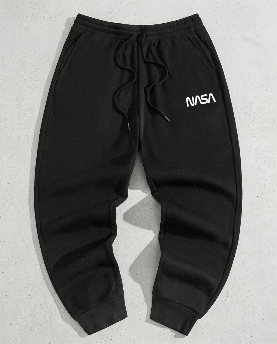 Black graphic jogger pants production for streetwear apparel collections