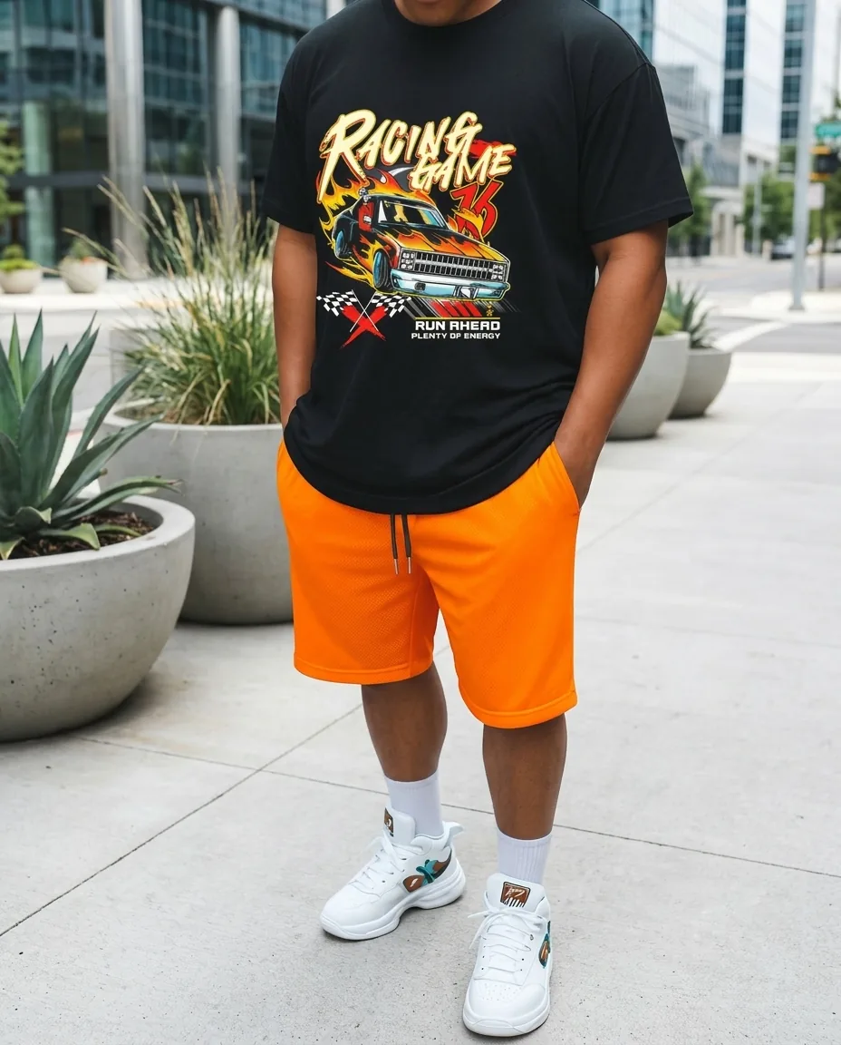 Racing graphic tee and shorts set OEM manufacturing for streetwear brands