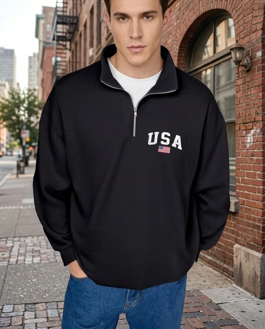 Custom women's tops sample Black USA Half Zip Sweatshirt for wholesale apparel manufacturing