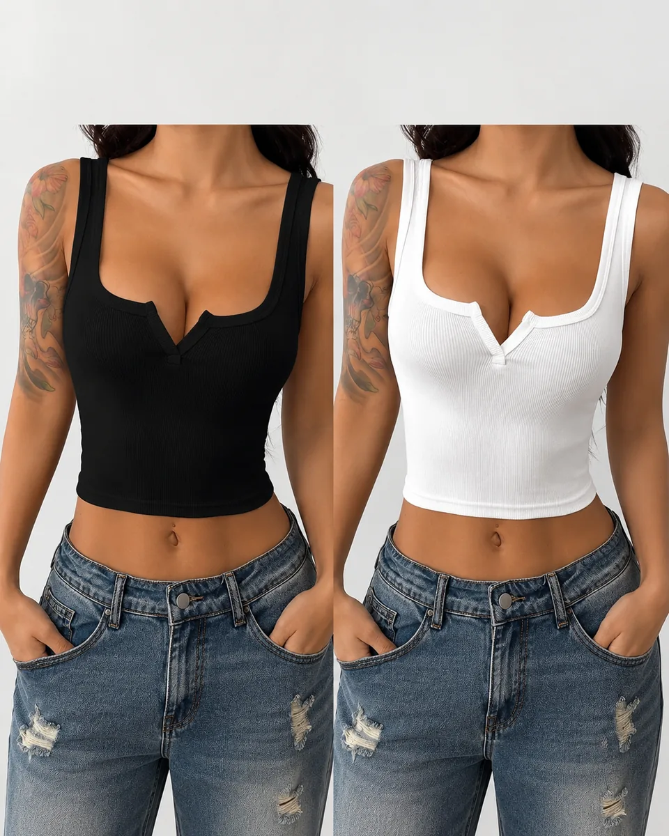 Custom women's tops sample Black White Ribbed Crop Tank Set for wholesale apparel manufacturing