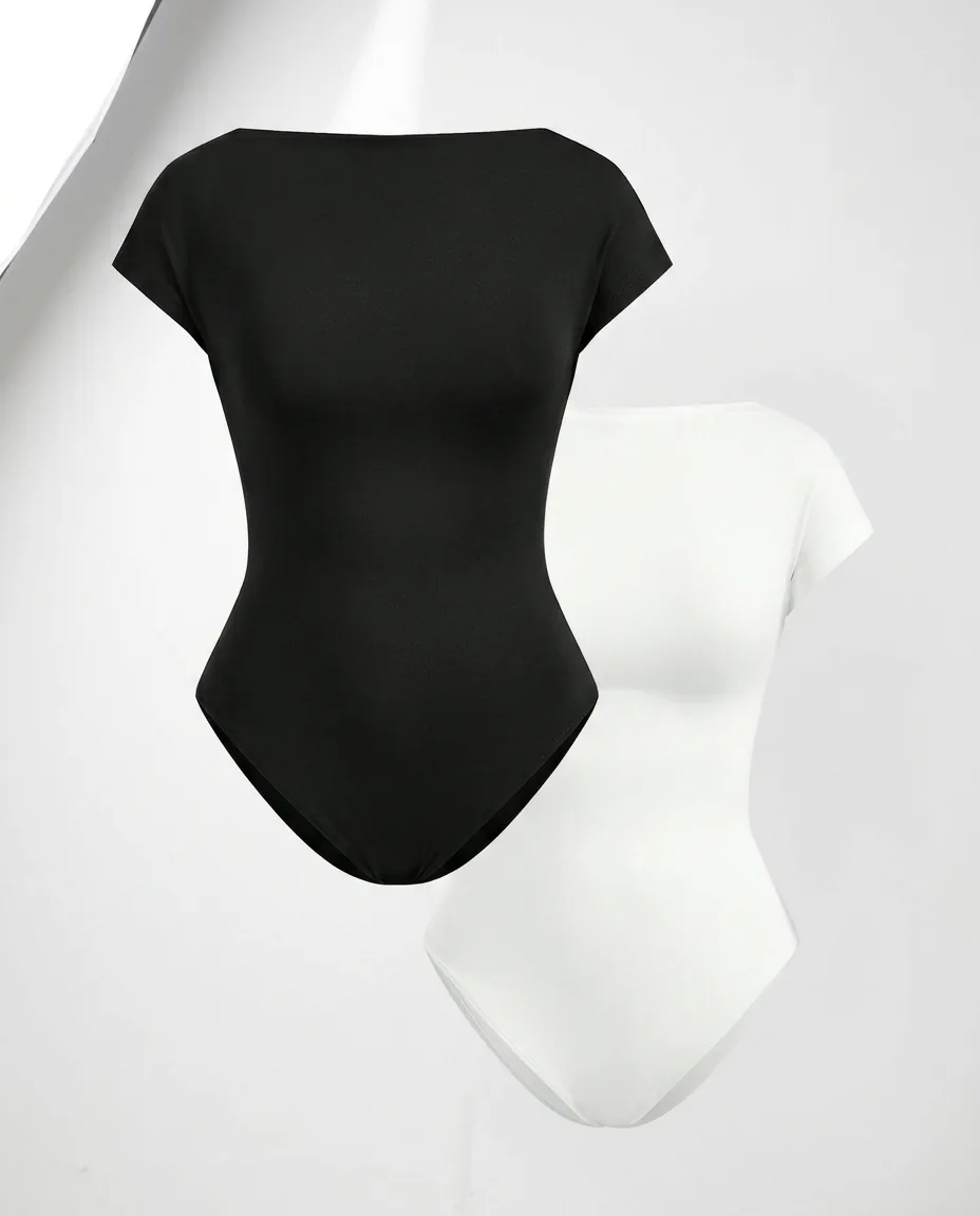 Custom women's tops sample Black White Short Sleeve Bodysuit Set for wholesale apparel manufacturing