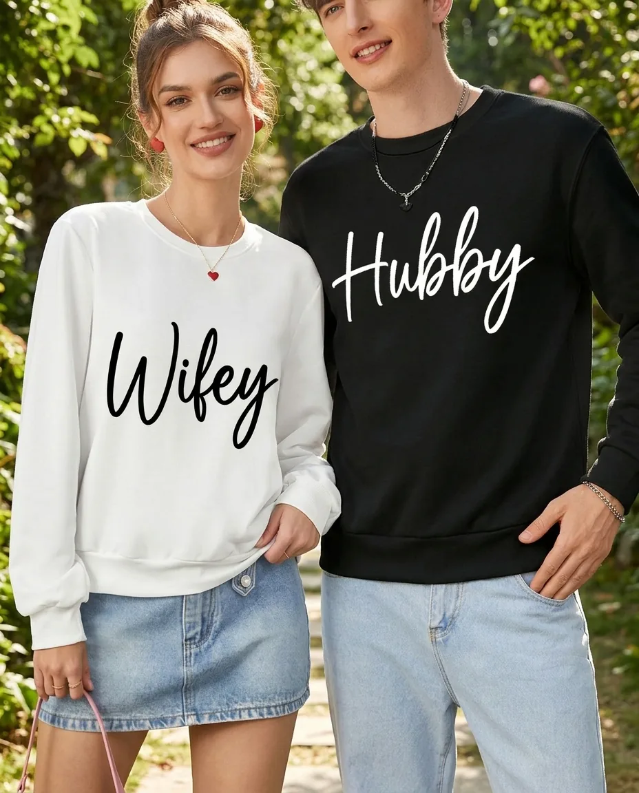 Custom women's tops sample Couple Wifey Hubby Sweatshirts for wholesale apparel manufacturing