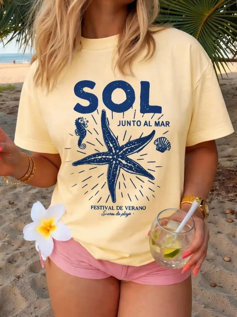 Custom cream starfish graphic T-shirt manufacturing for summer fashion lines