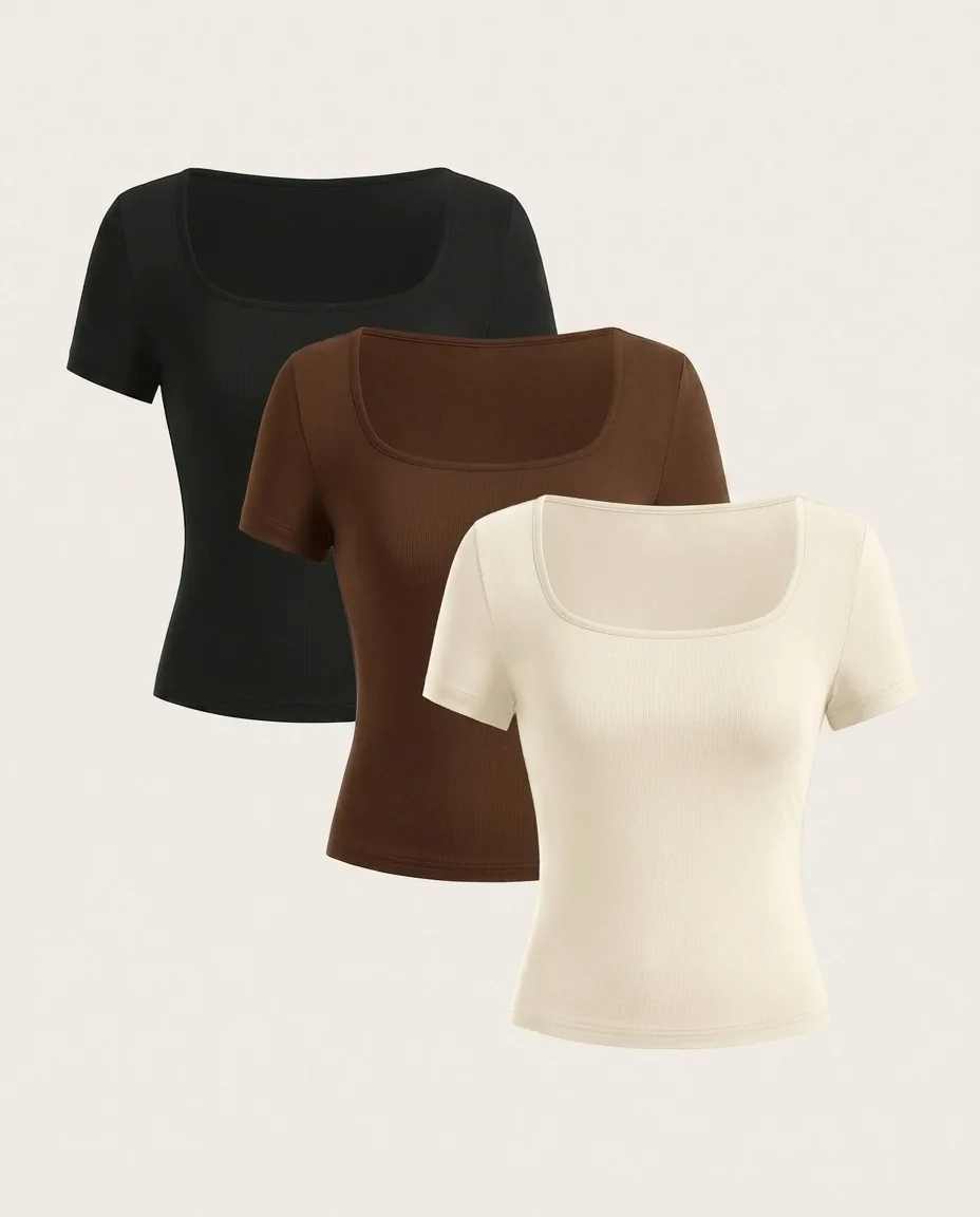 Custom women's tops sample Neutral Square Neck Fitted Tee Set for wholesale apparel manufacturing