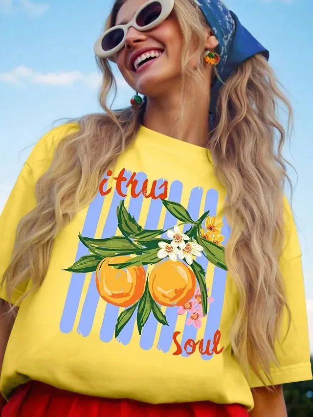 Custom yellow citrus graphic T-shirt manufacturing for women's private label apparel